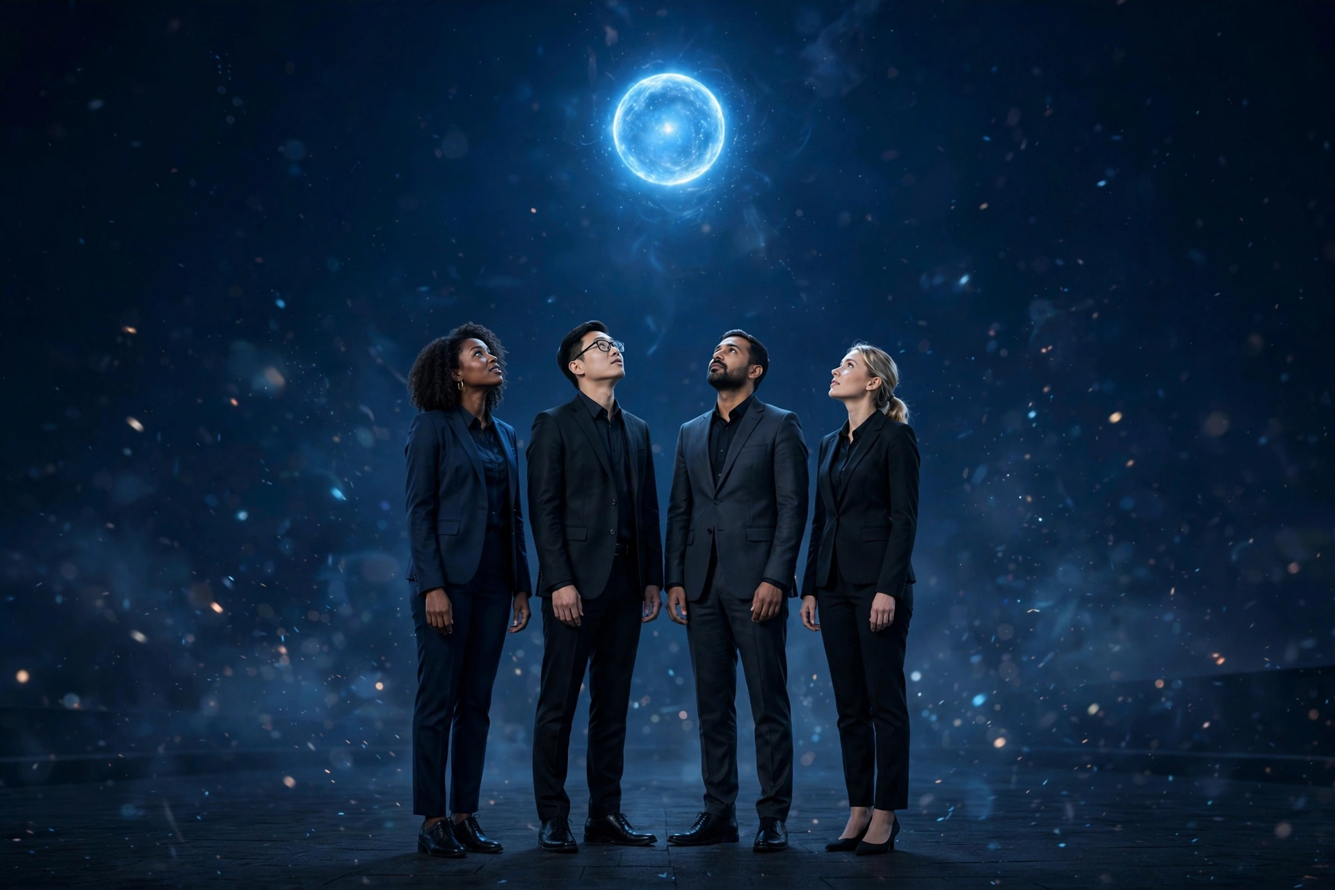 Four Solveth technology professionals standing together, looking up at a glowing blue orb