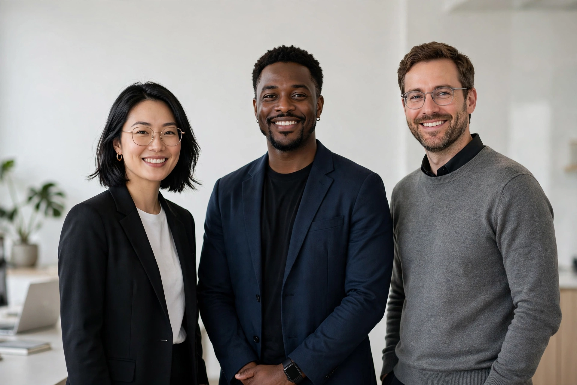 Three technology professionals standing together in a bright modern workspace